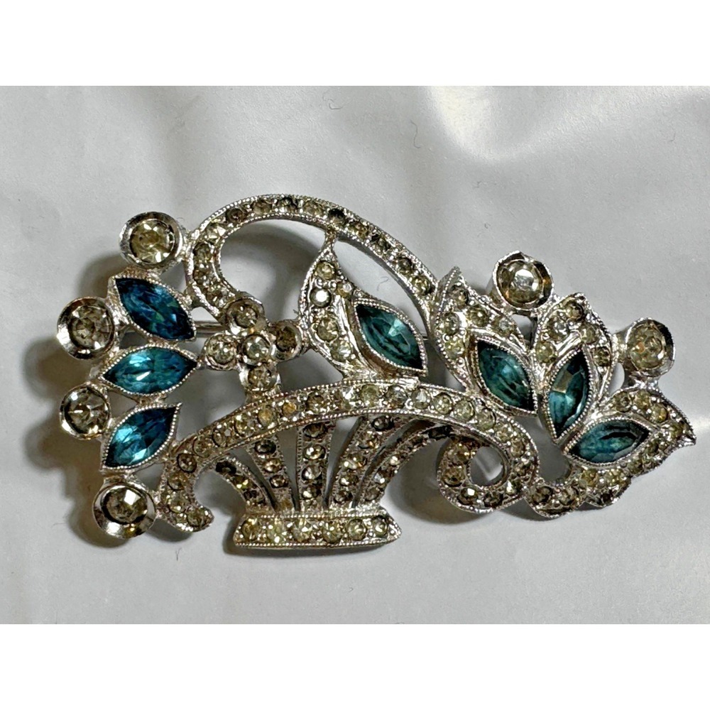 Vintage Silver Tone Teal Rhinestone Flower Basket Brooch Pin 1.75 Inch